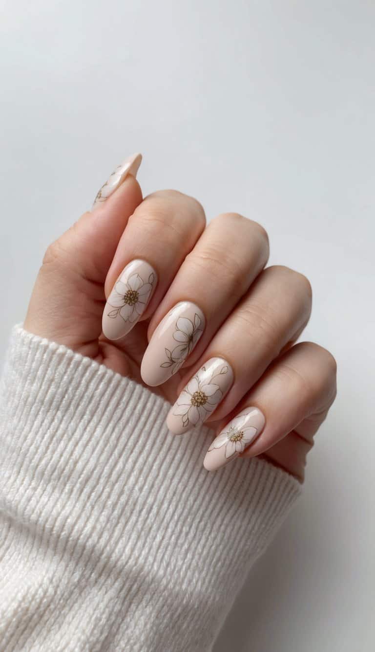 Light Beige Gold Floral Motif Glossy Short Almond Nails — Beige Nails