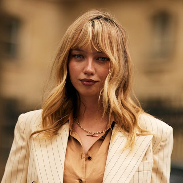 Collarbone Waves With Honey Blonde Birkin Bangs, Wavy Collarbone Waves With Honey Blonde Birkin Bangs, Wavy