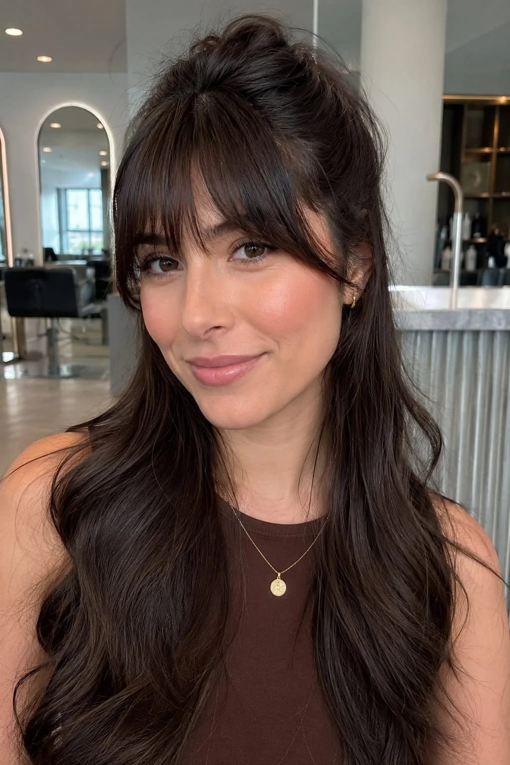 Mid-Back Half-Up With Glossy Full Bangs Mid-Back Half-Up With Glossy Full Bangs — Birkin Bangs