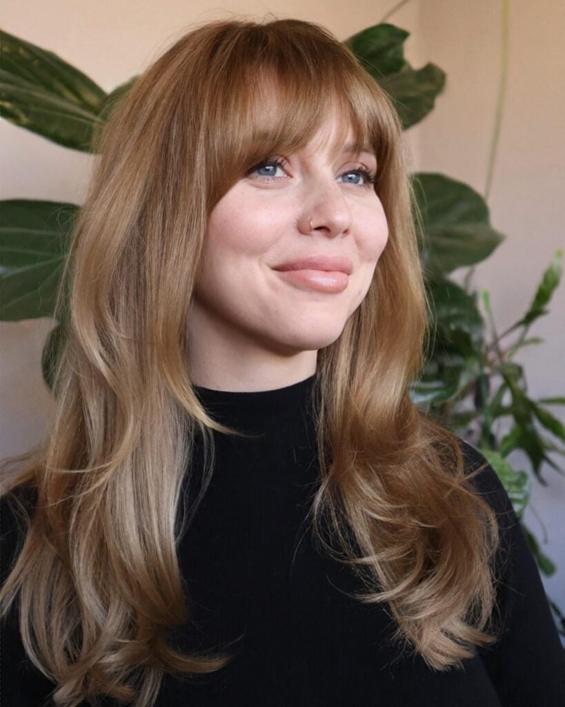 Mid-Back Layers With Ash Blonde Birkin Bangs Mid-Back Layers With Ash Blonde Birkin Bangs
