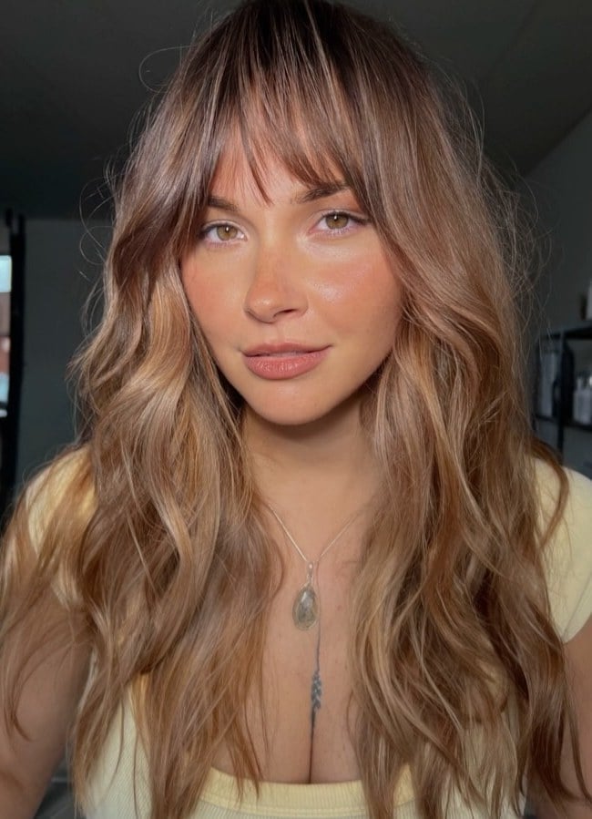 Collarbone Layers With Honey Blonde Birkin Bangs Collarbone Layers With Honey Blonde Birkin Bangs