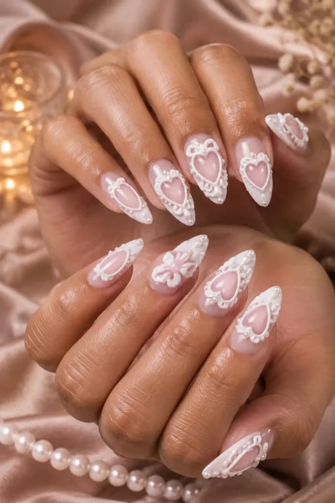 Long Almond Sheer Nude With 3D Hearts And Pearls — Birthday Nails Almond