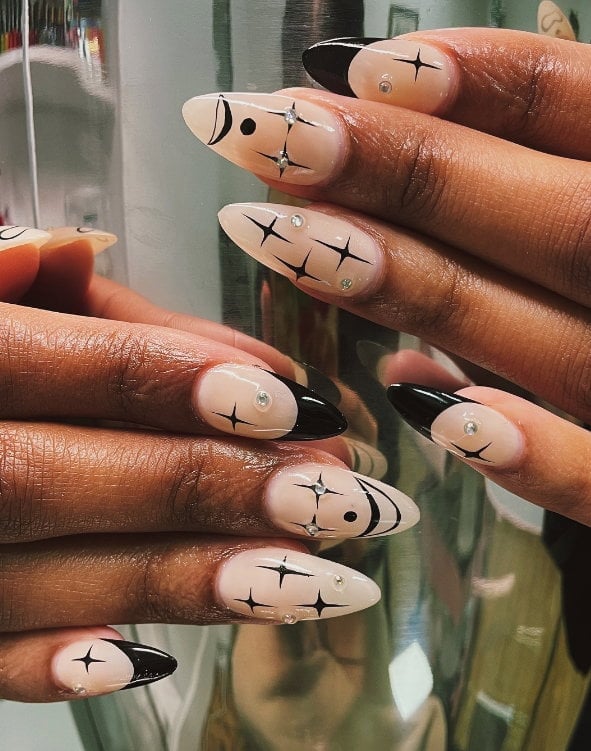 Long Almond Nude With Black French Tips And Celestial Art — Birthday Nails Almond