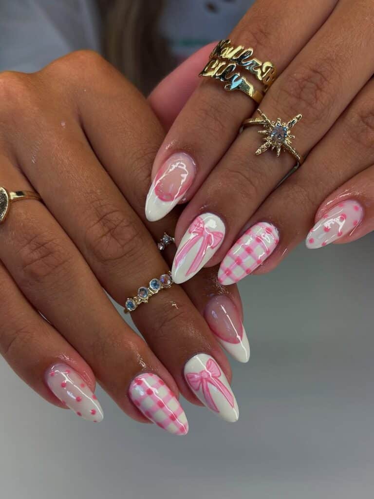Medium Almond Nails With Pink Plaid Bows And Dots — Birthday Nails Almond