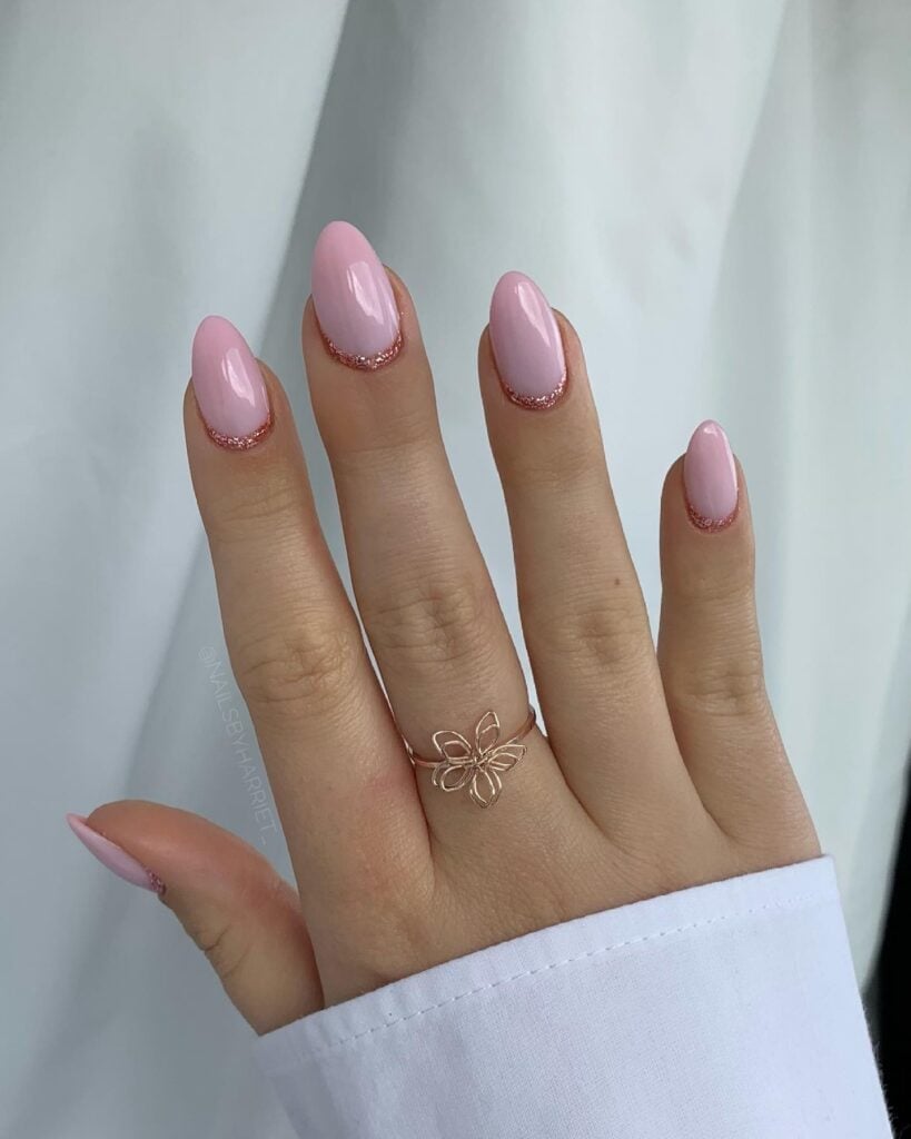 Medium Almond Pale Pink With Rose Gold Glitter Accents — Birthday Nails Almond
