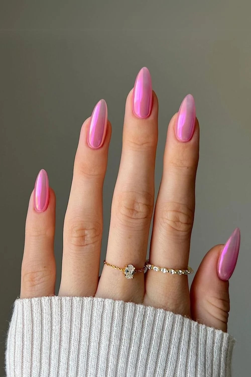Medium Almond Pink Iridescent Chrome Nails — Birthday Nails Almond