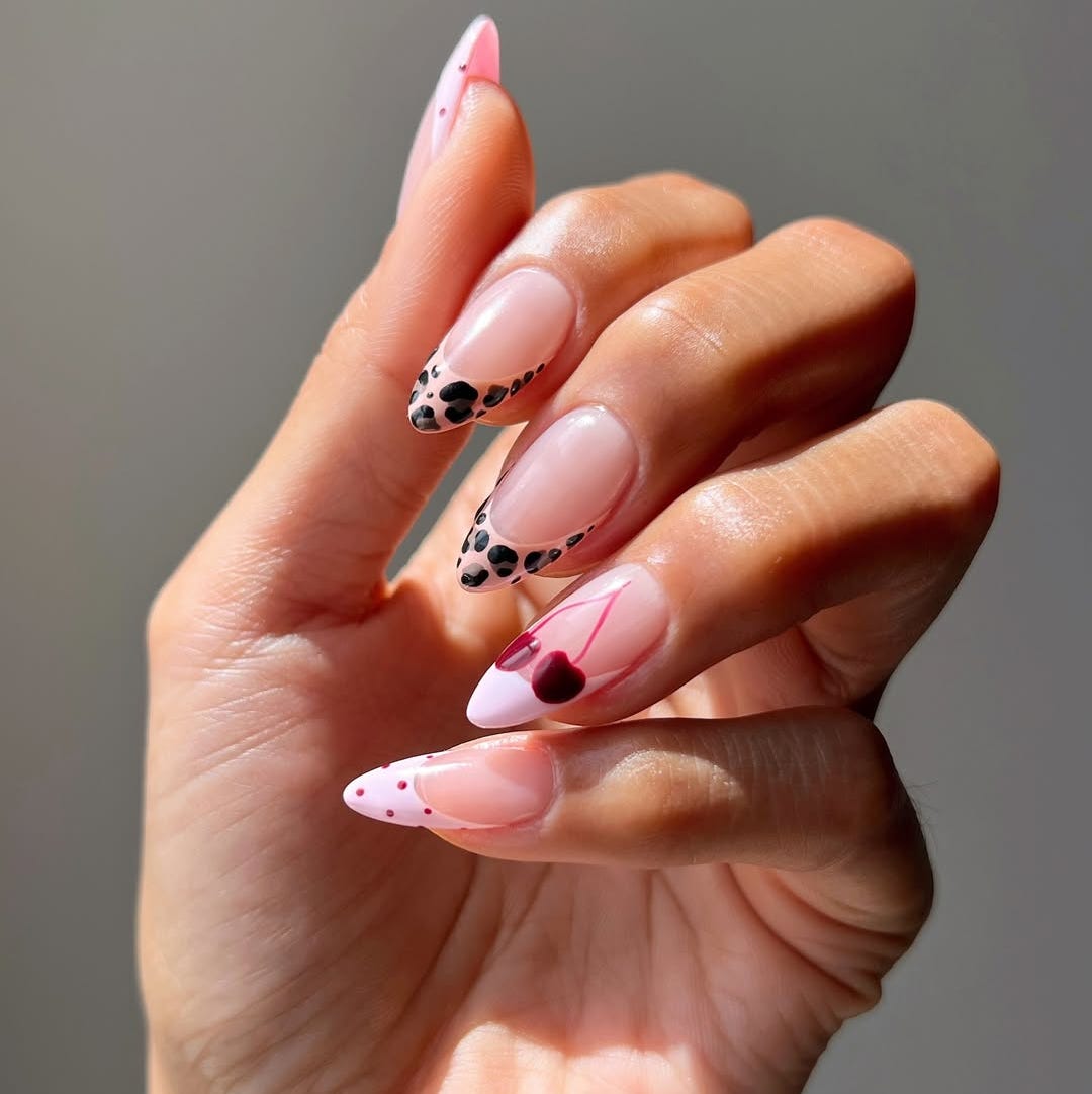 Medium Almond Nude French Tips With Cherry And Dot Art — Birthday Nails Almond