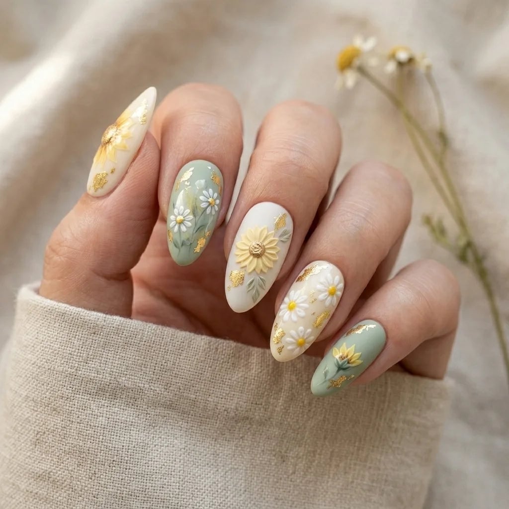 Medium Almond Sage Green And White With 3D Florals — Birthday Nails Almond