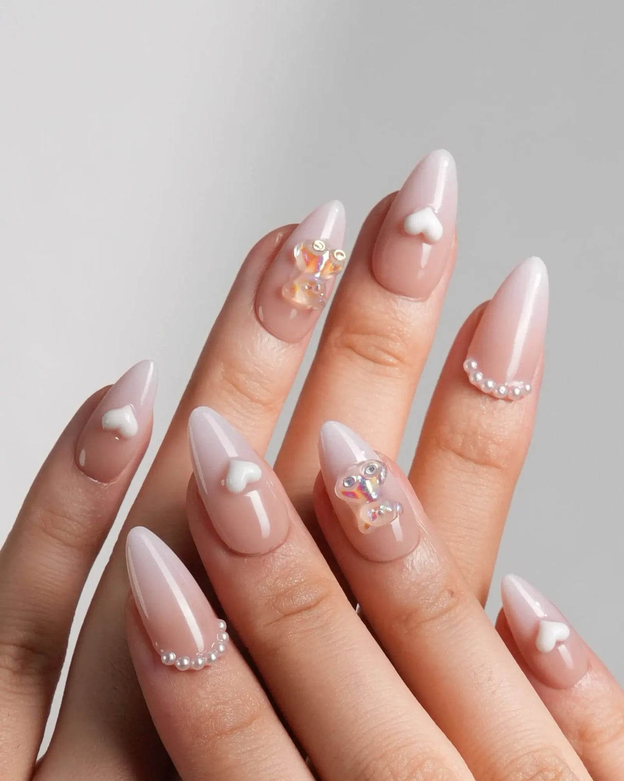 Long Almond Sheer Pink With 3D White Cake Designs — Birthday Nails Almond