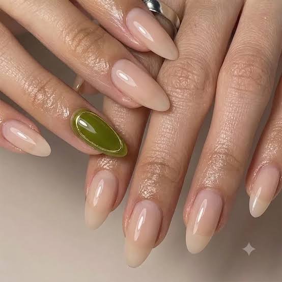 Medium Almond Nude With Olive Green Accent Nail — Birthday Nails Almond
