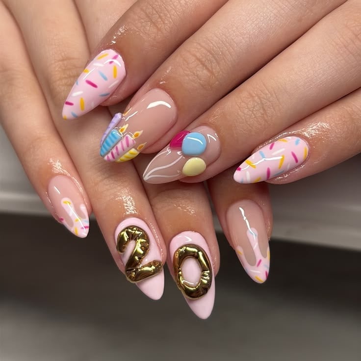 Long Almond Pink Nails With 3D Birthday Elements — Birthday Nails Almond