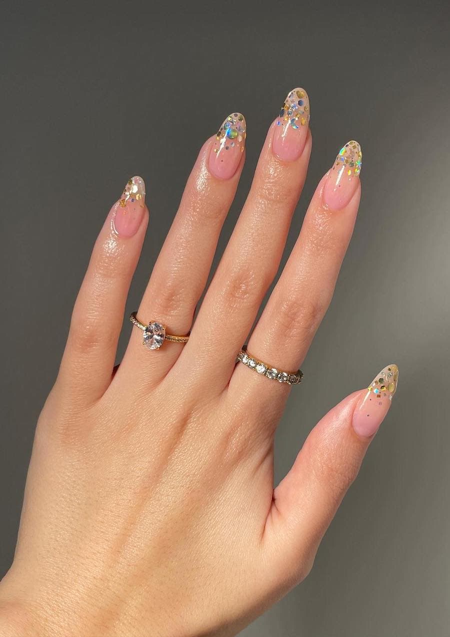 Medium Almond Pink With Iridescent Glitter Confetti Tips — Birthday Nails Almond