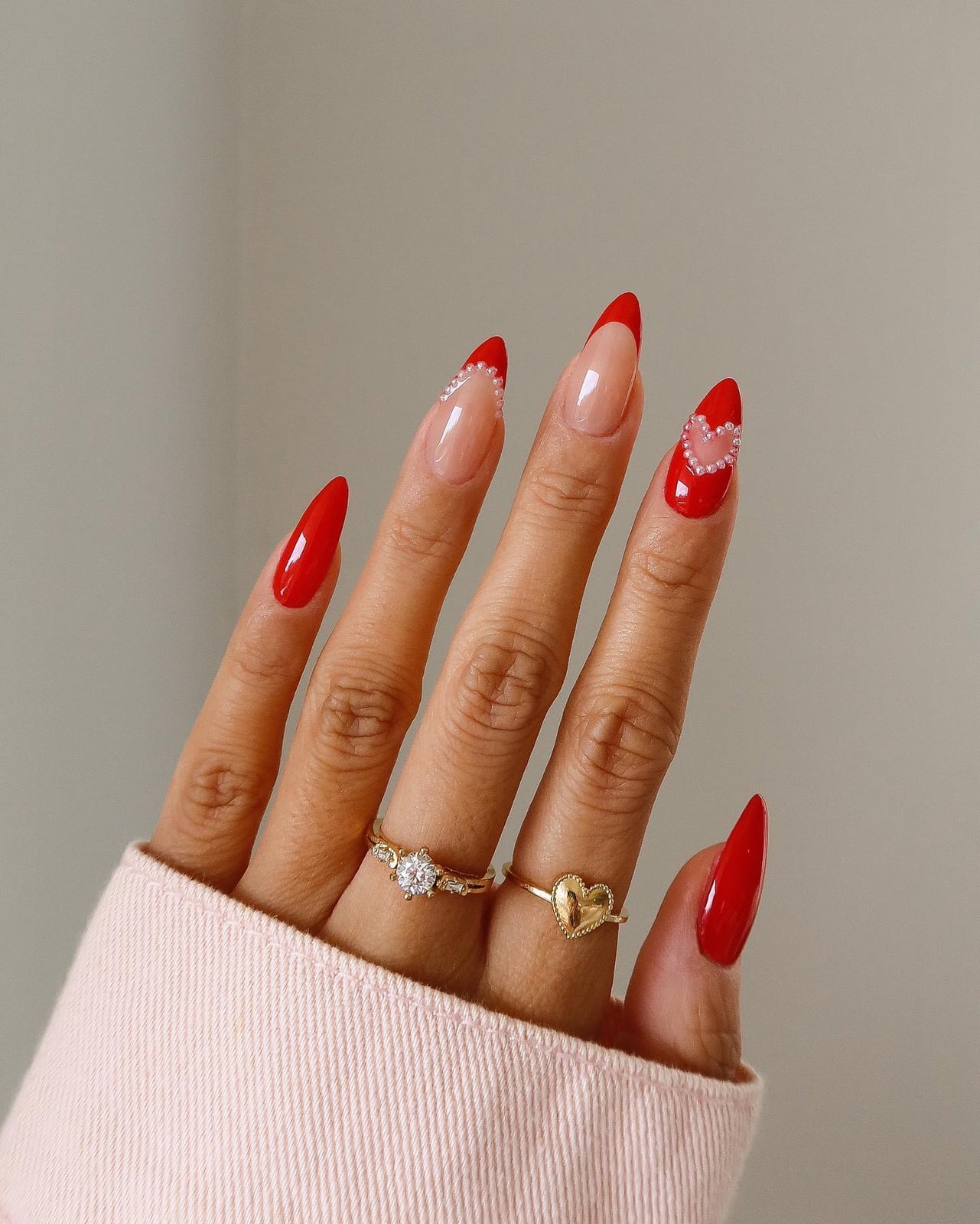 Long Almond Red With Sheer Nude Heart Accent Nail — Birthday Nails Almond