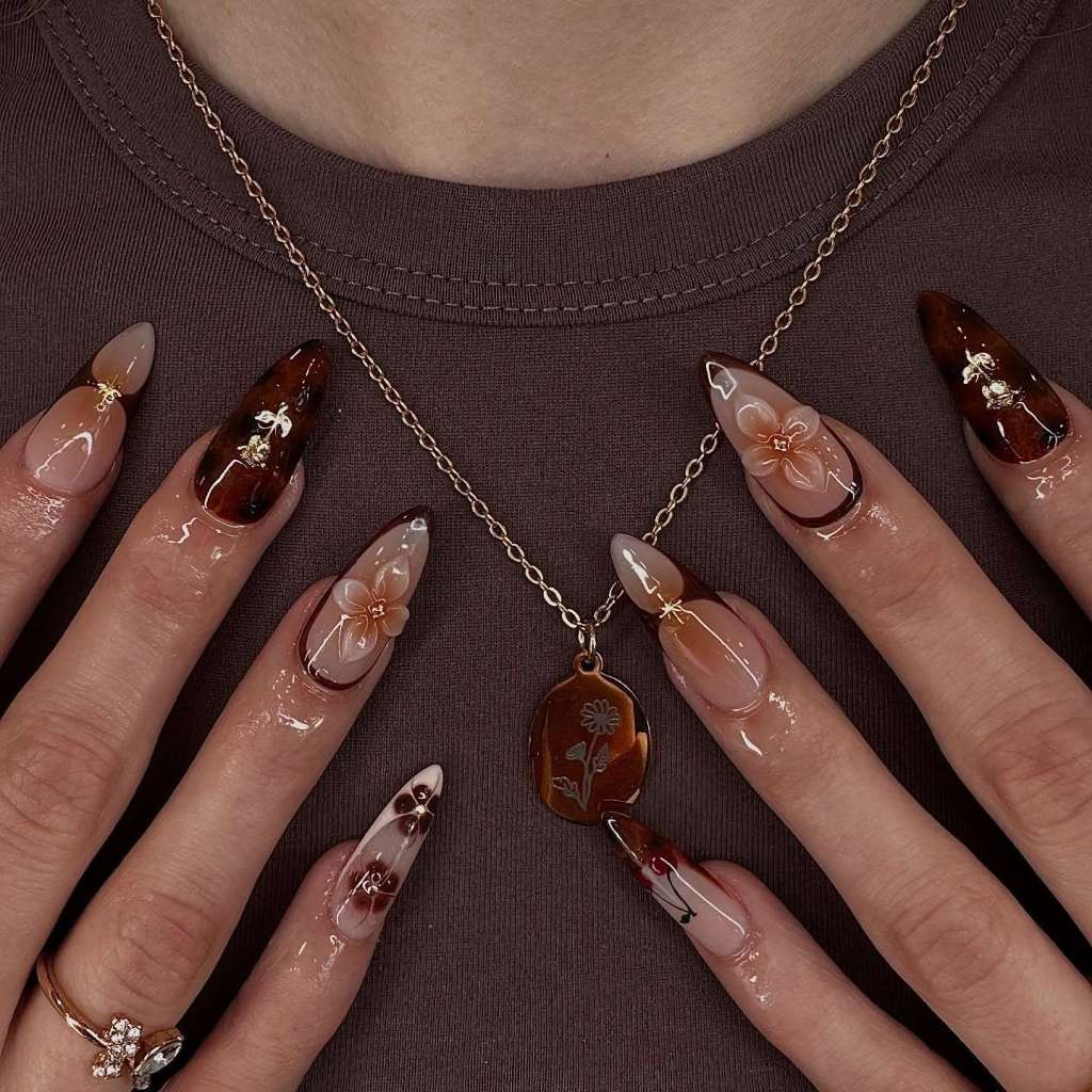 Long Almond Nude With Brown French Tips And Florals — Birthday Nails Almond