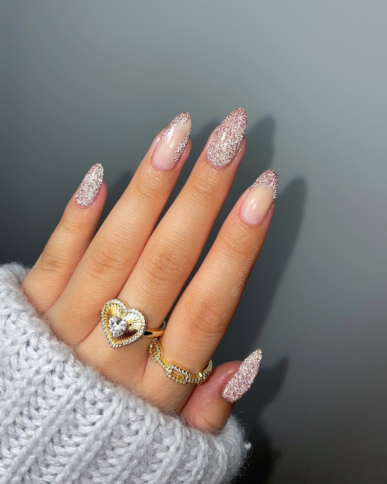 Long Almond Rose Gold Glitter Ombre Nails — Birthday Nails Almond
