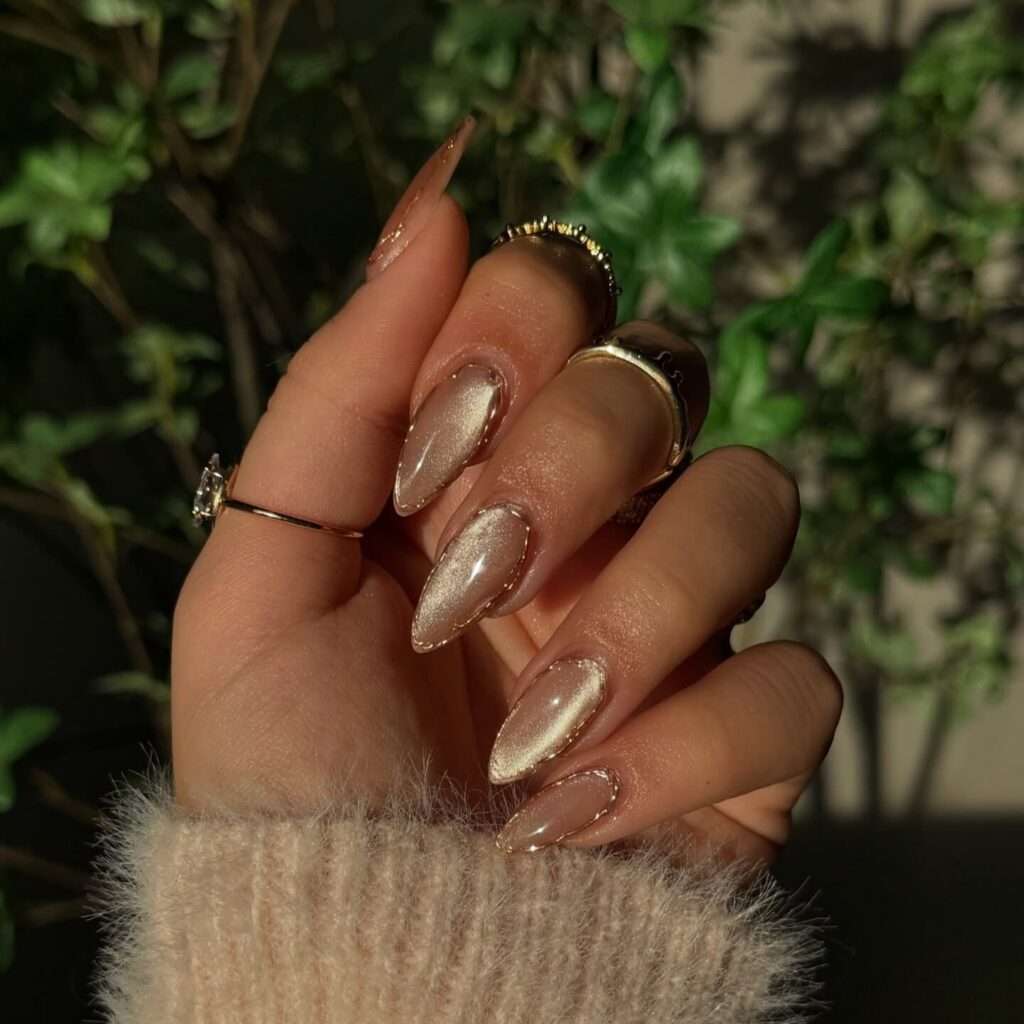 Long Almond Champagne Gold Cat-Eye Nails — Birthday Nails Almond