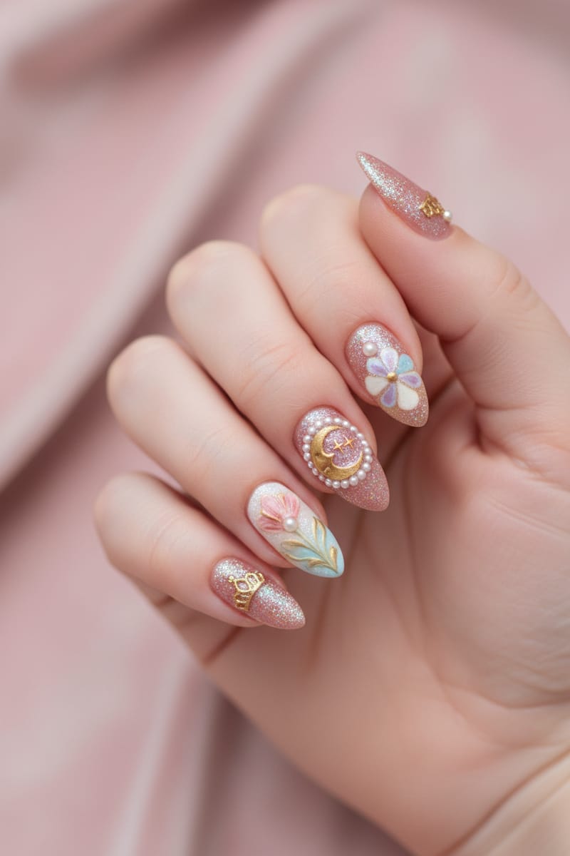 Long Almond Rose Gold Glitter With 3D Charms — Birthday Nails Almond