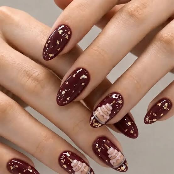 Medium Almond Burgundy Nails With Gold Foil And Cake Art — Birthday Nails Almond