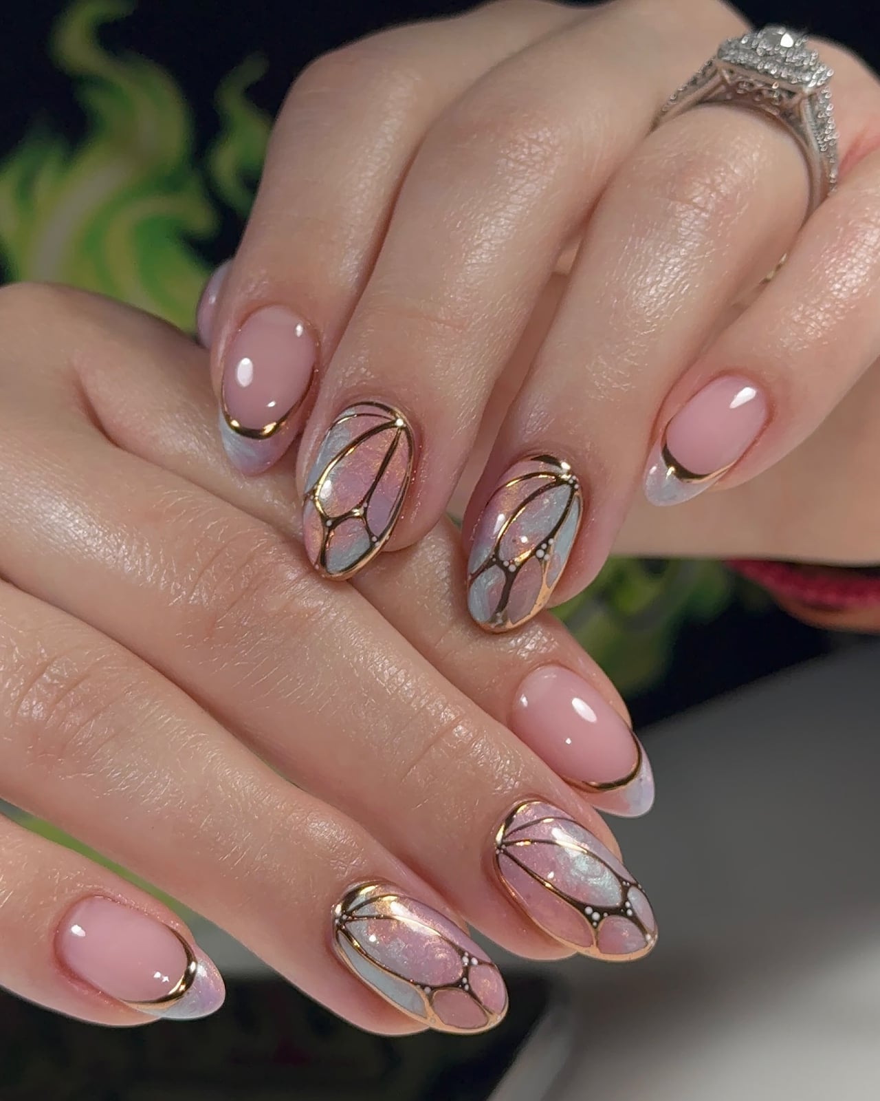 Medium Almond Pink Nails With Gold Contour And Stained Glass — Birthday Nails Almond