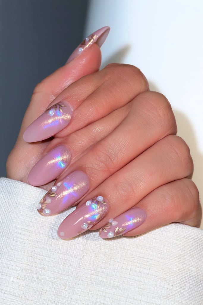 Long Almond Pale Pink With Iridescent Shimmer And Pearls — Birthday Nails Almond