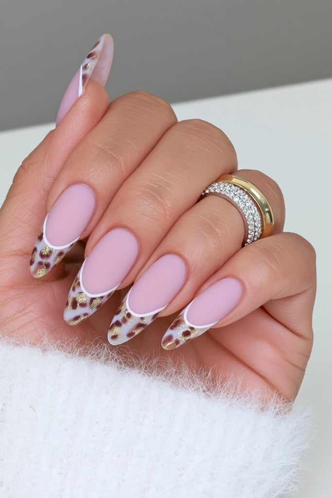 Long Almond Pink Matte With Glossy Leopard French Tips — Birthday Nails Almond