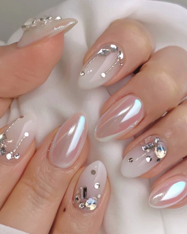 Long Almond Milky White With Iridescent Sheen And Chains — Birthday Nails Almond