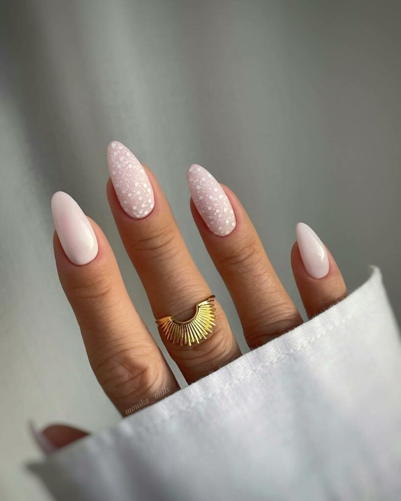 Medium Almond Pale Pink With Delicate White Dots, Close-Up Take — Birthday Nails Almond