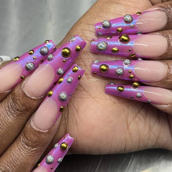 Pink French 3D Spheres Studs Long Coffin Nails — Birthday Nails Coffin