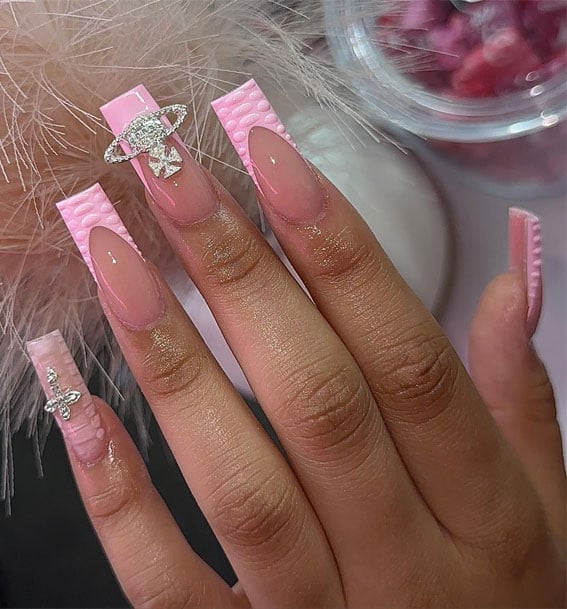 Pink French Rhinestone Charm Long Coffin Nails — Birthday Nails Coffin