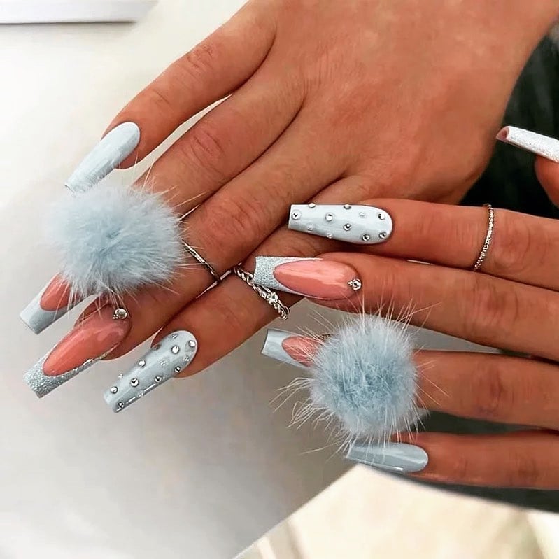 Light Blue Pink White French Pom Pom Long Coffin Nails — Birthday Nails Coffin