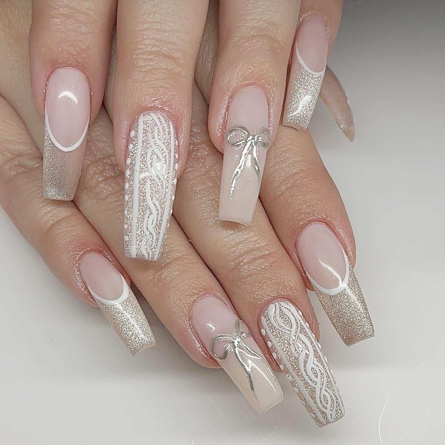 Sheer Pink White Cable Knit Bow Long Coffin Nails — Birthday Nails Coffin