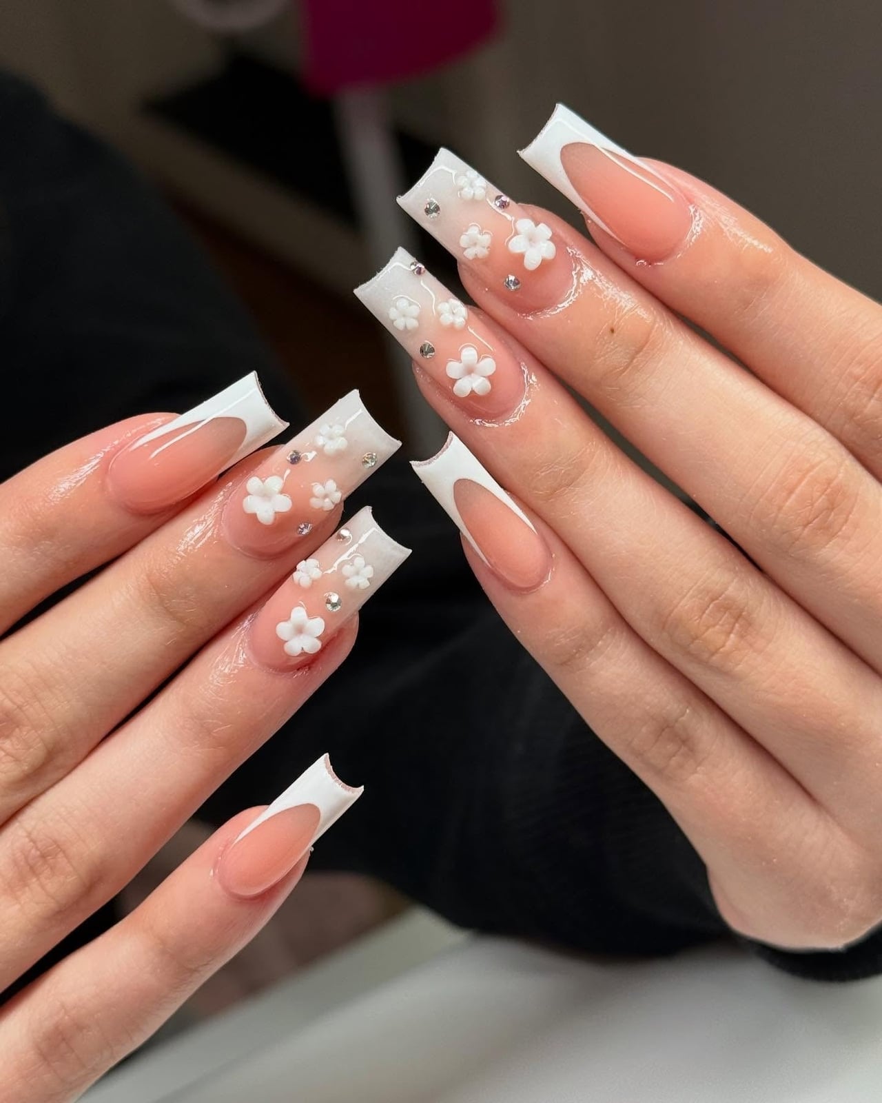 Sheer Pink White 3D Flower Rhinestone Long Coffin Nails — Birthday Nails Coffin