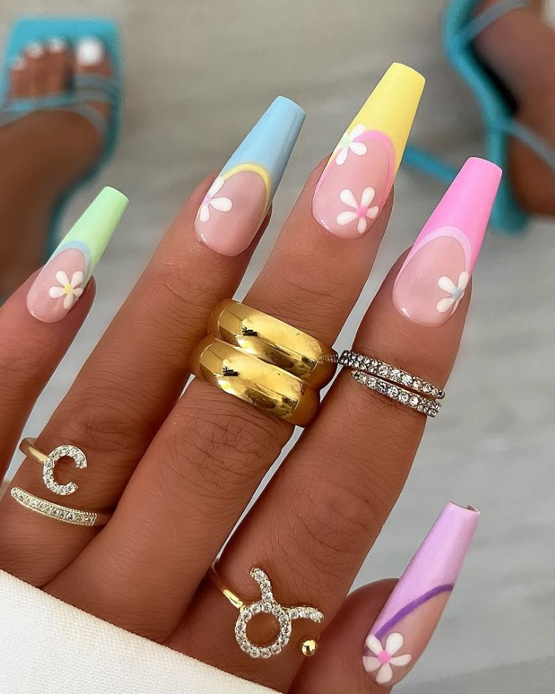 Pastel French Flower Long Coffin Nails — Birthday Nails Coffin