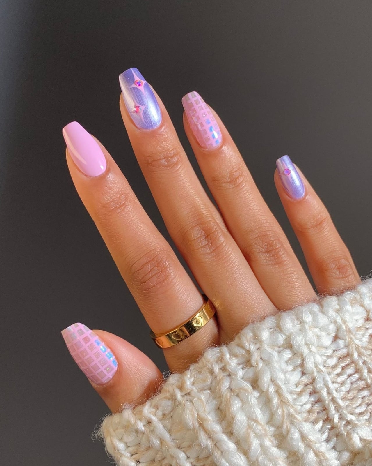 Pale Pink Iridescent Checkered Medium Coffin Nails — Birthday Nails Coffin