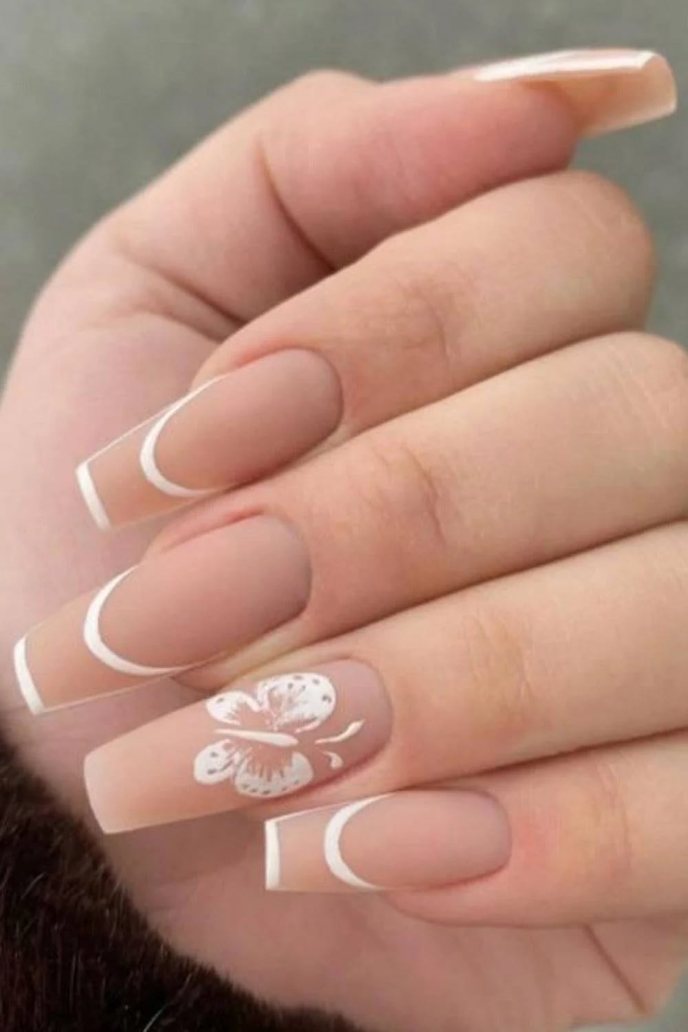Nude Matte French Butterfly Medium Coffin Nails — Birthday Nails Coffin