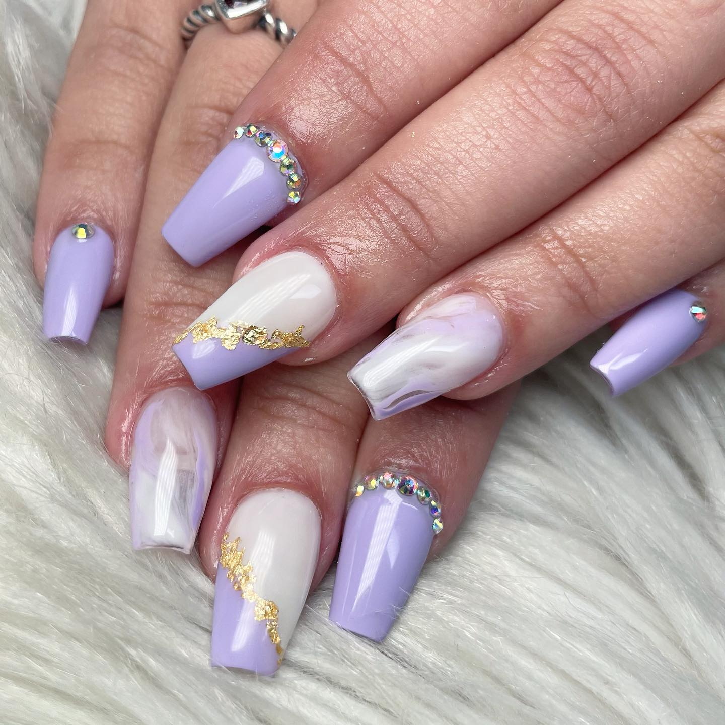 Lavender White Marble Gold Foil Medium Coffin Nails — Birthday Nails Coffin