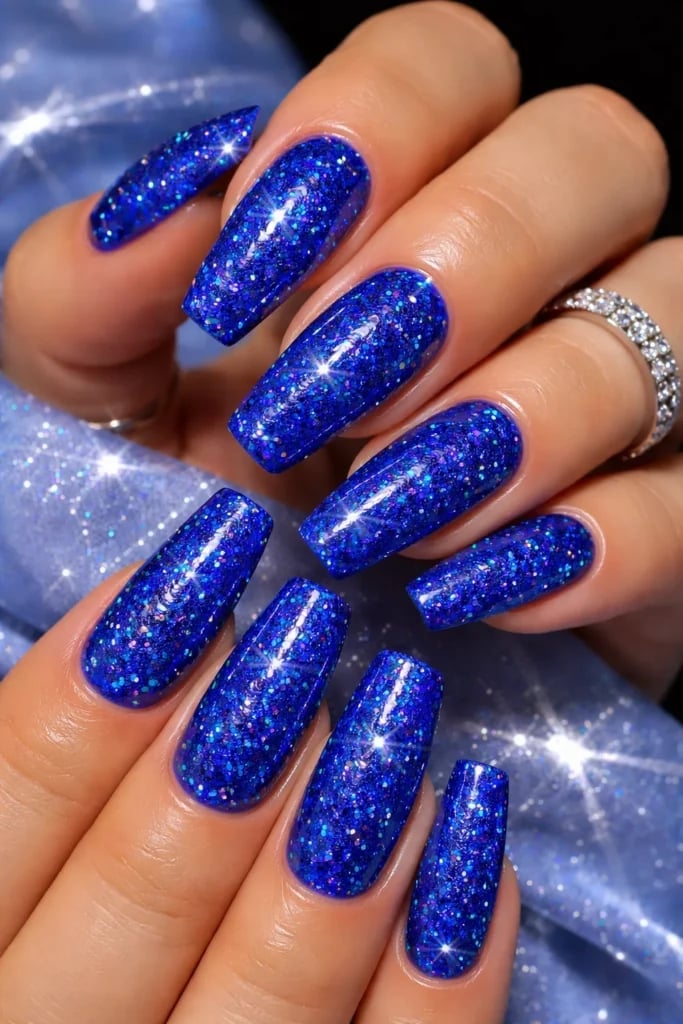 Royal Blue Glitter Long Coffin Nails — Birthday Nails Coffin