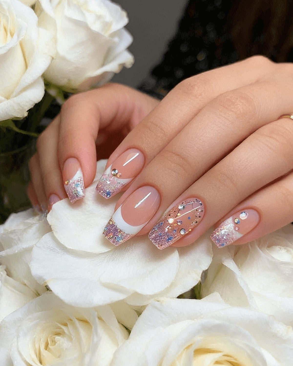 Sheer Pink French Glitter Rhinestone Medium Coffin Nails — Birthday Nails Coffin