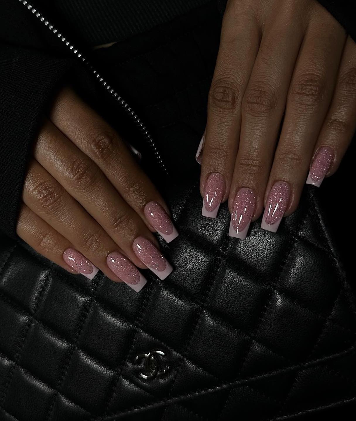 Short Glitter French Coffin Nails — Birthday Nails Coffin
