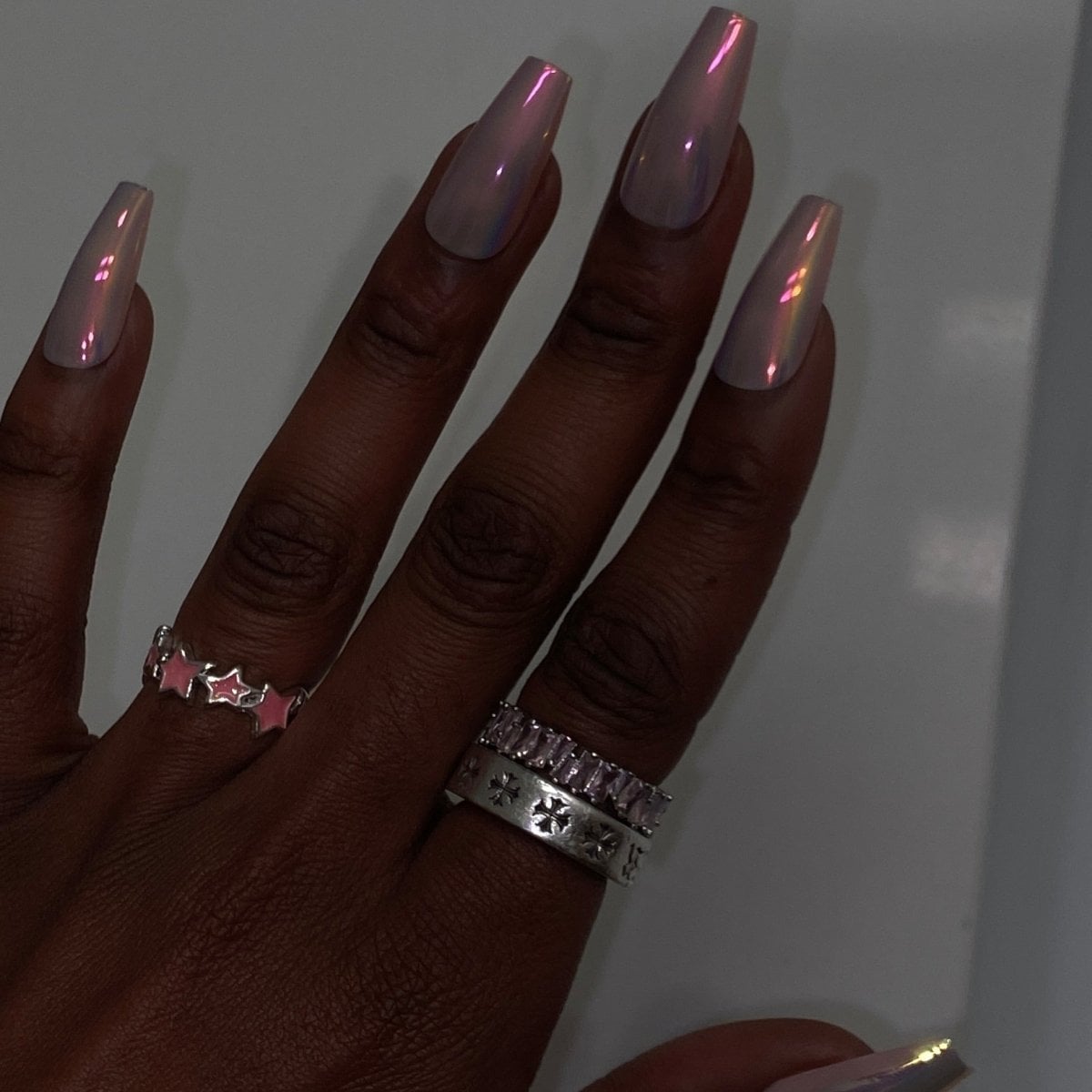 Pale Pink Gray Milky Chrome Long Coffin Nails — Birthday Nails Coffin