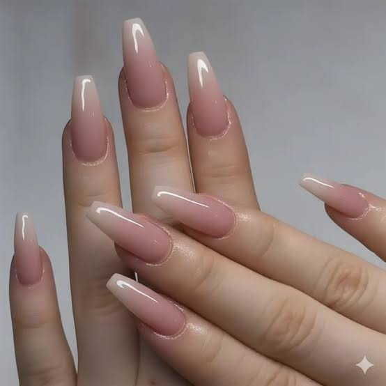 Pink Nude Ombre Glossy Long Coffin Nails — Birthday Nails Coffin