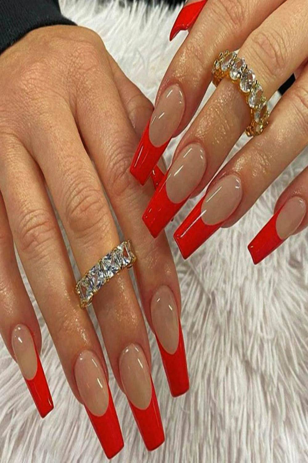 Nude Red French Tip Long Coffin Nails — Birthday Nails Coffin