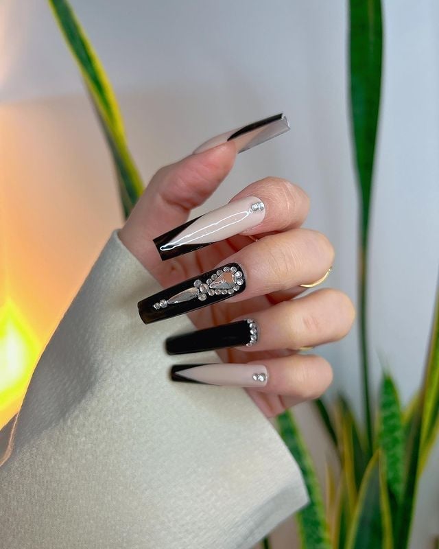 Black Geometric Sheer Nude Rhinestone Extra Long Coffin Nails — Birthday Nails Coffin