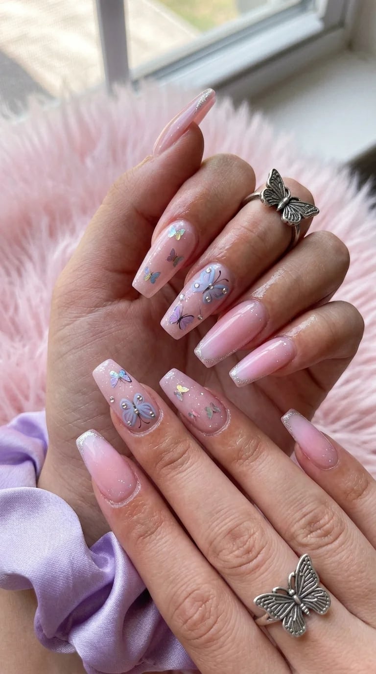 Sheer Pink French Glitter Long Coffin Nails — Birthday Nails Coffin