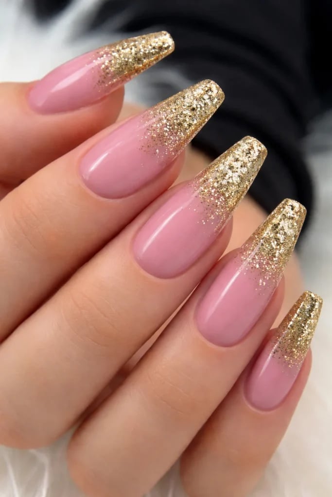 Dusty Rose Gold Glitter Gradient Long Coffin Nails — Birthday Nails Coffin
