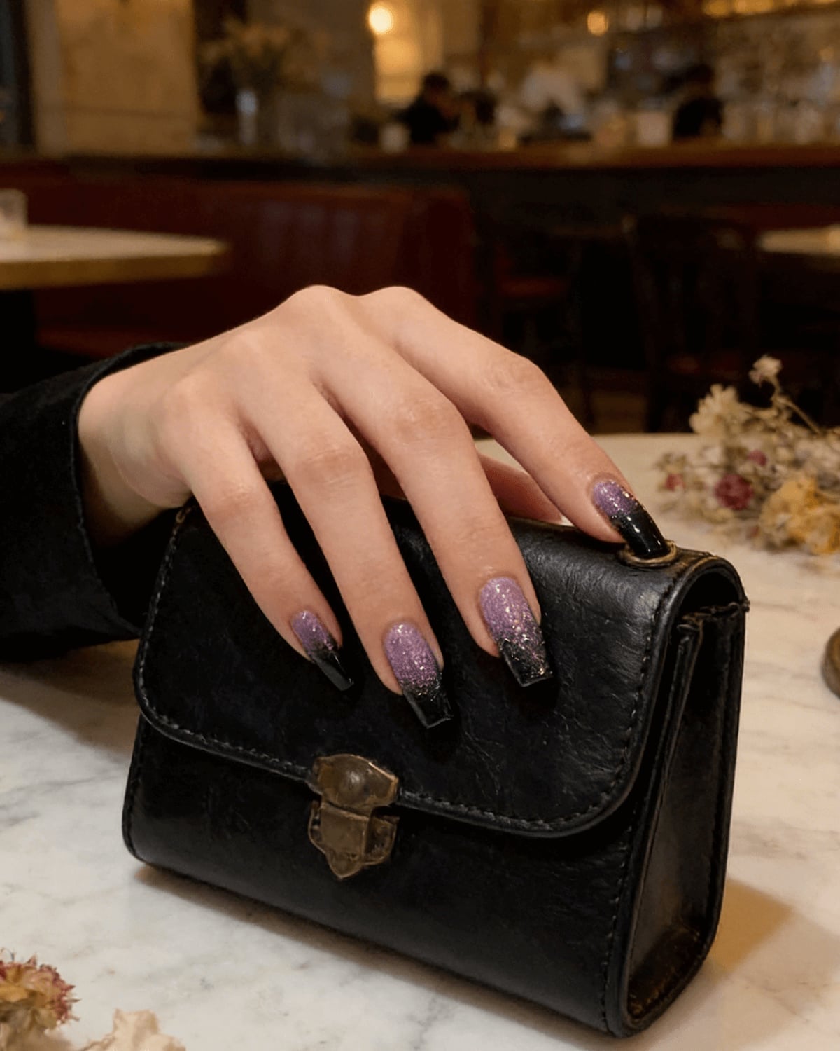 Black Purple Glitter Ombre Long Coffin Nails — Birthday Nails Coffin
