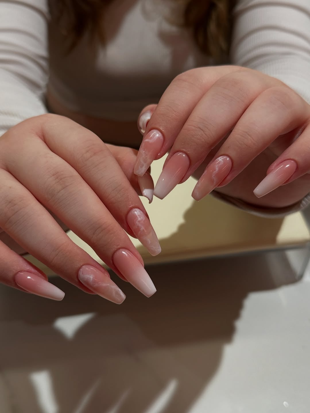 Nude Pink White Ombre Marble Long Coffin Nails — Birthday Nails Coffin