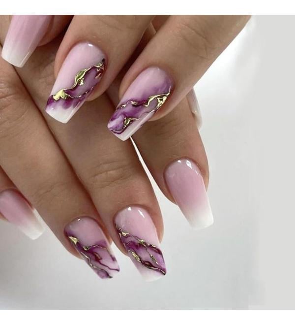 Pink White Ombre Purple Marble Gold Foil Long Coffin Nails — Birthday Nails Coffin
