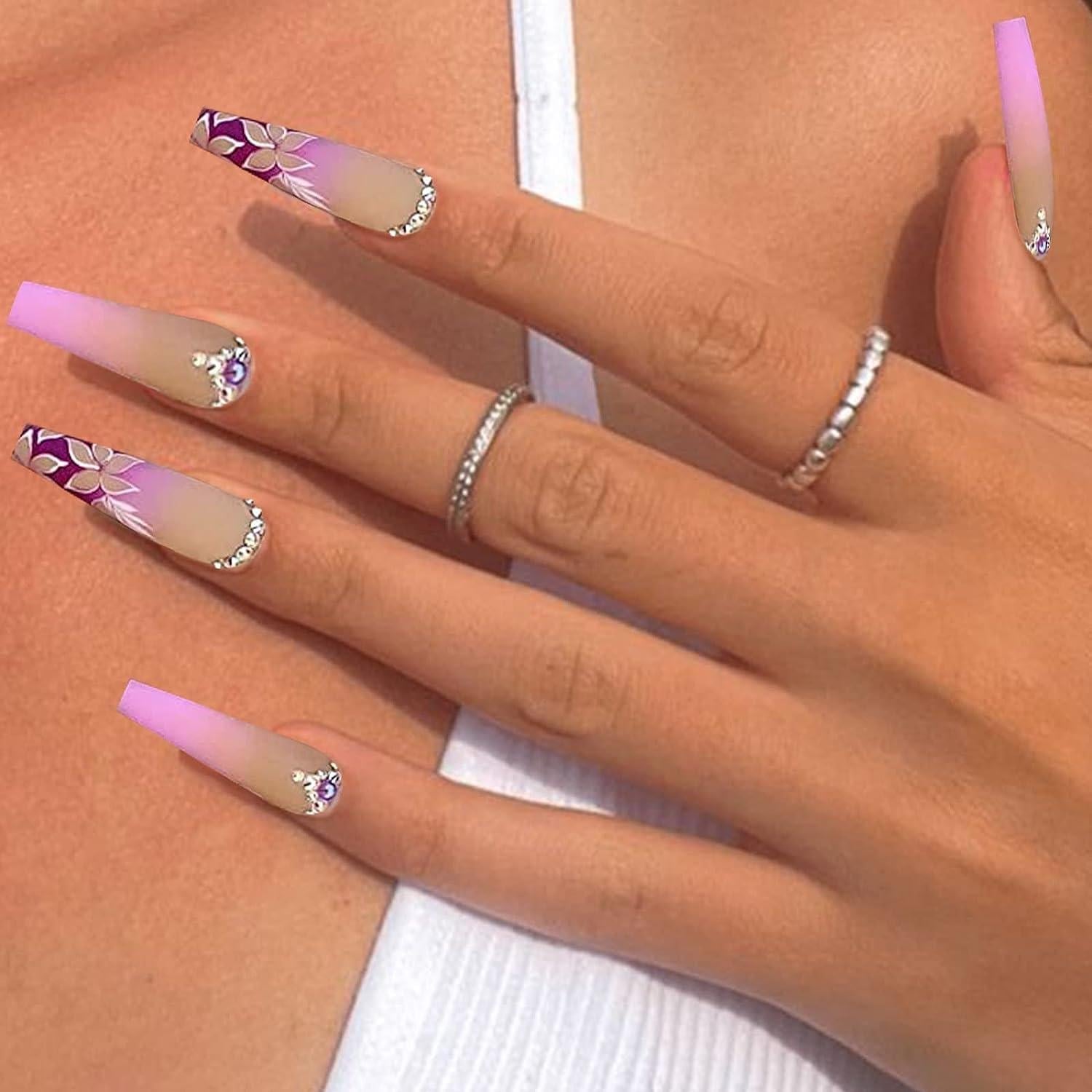 Nude Pink Gradient Floral Rhinestone Long Coffin Nails — Birthday Nails Coffin