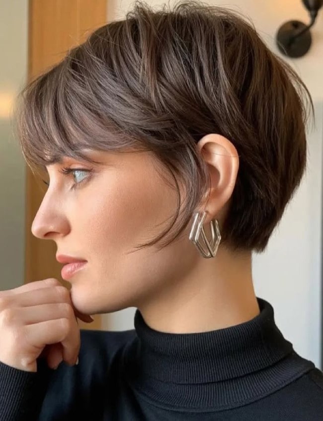 Soft Mocha Fine Bixie With Side Swept Bangs — Bixie Haircut